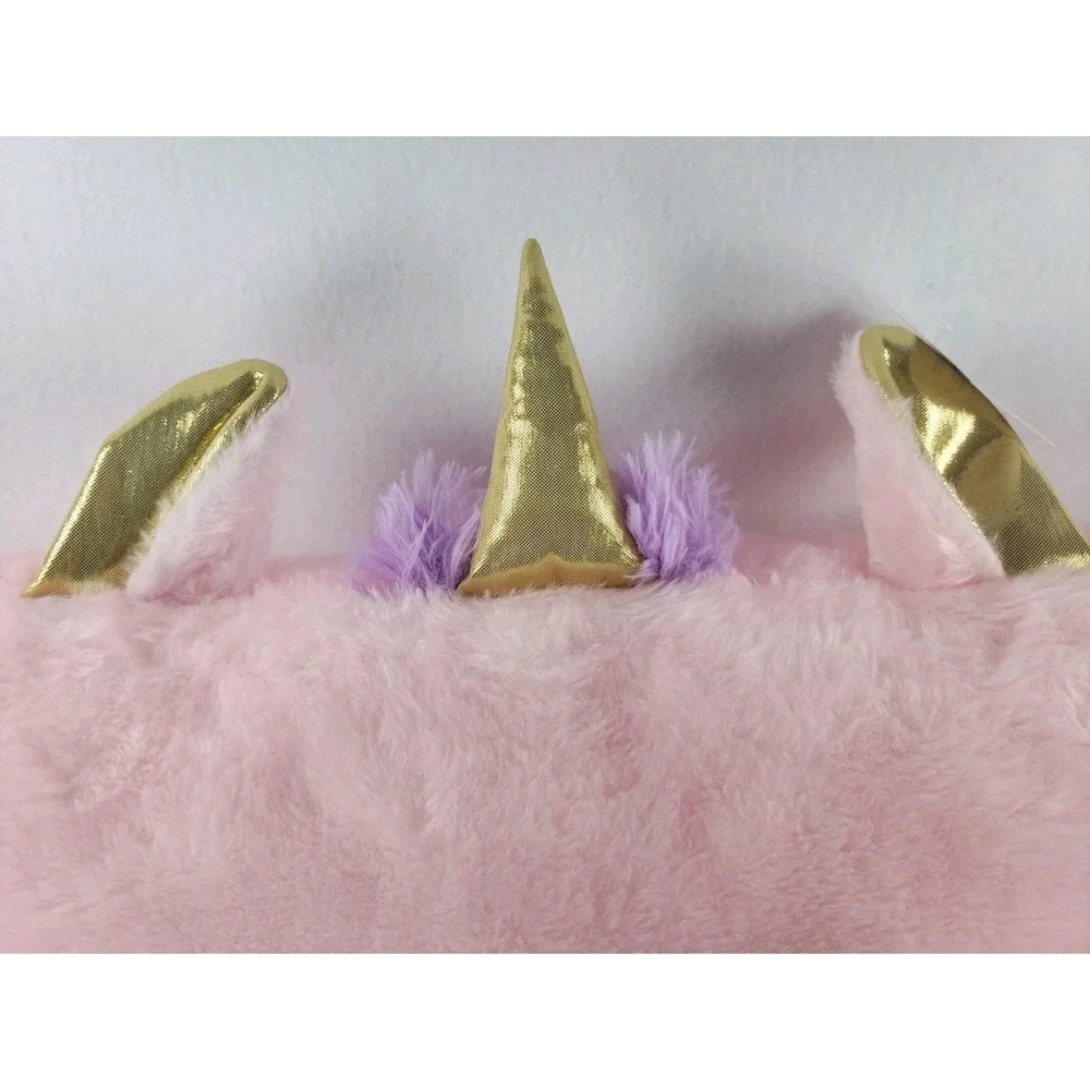 Unicorn Kids Bed Pillow Pink 16.5x24 Fuzzy Plush Gold Horn Ears Purple Mane NWT